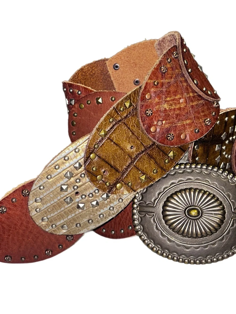 Fossil ~ Small ~ Multi Studded Plaque Brown Boho Medallion Leather Belt
